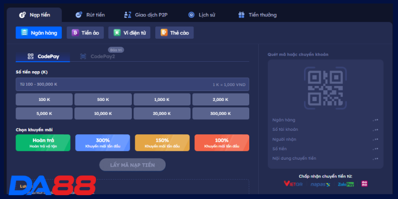 Nạp tiền DA88 sở hữu vốn cược hợp lệ